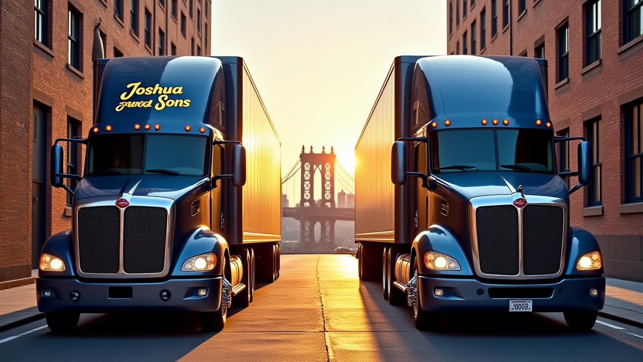 A vintage Joshua and Sons delivery truck alongside a modern high-tech freight carrier in Brooklyn.