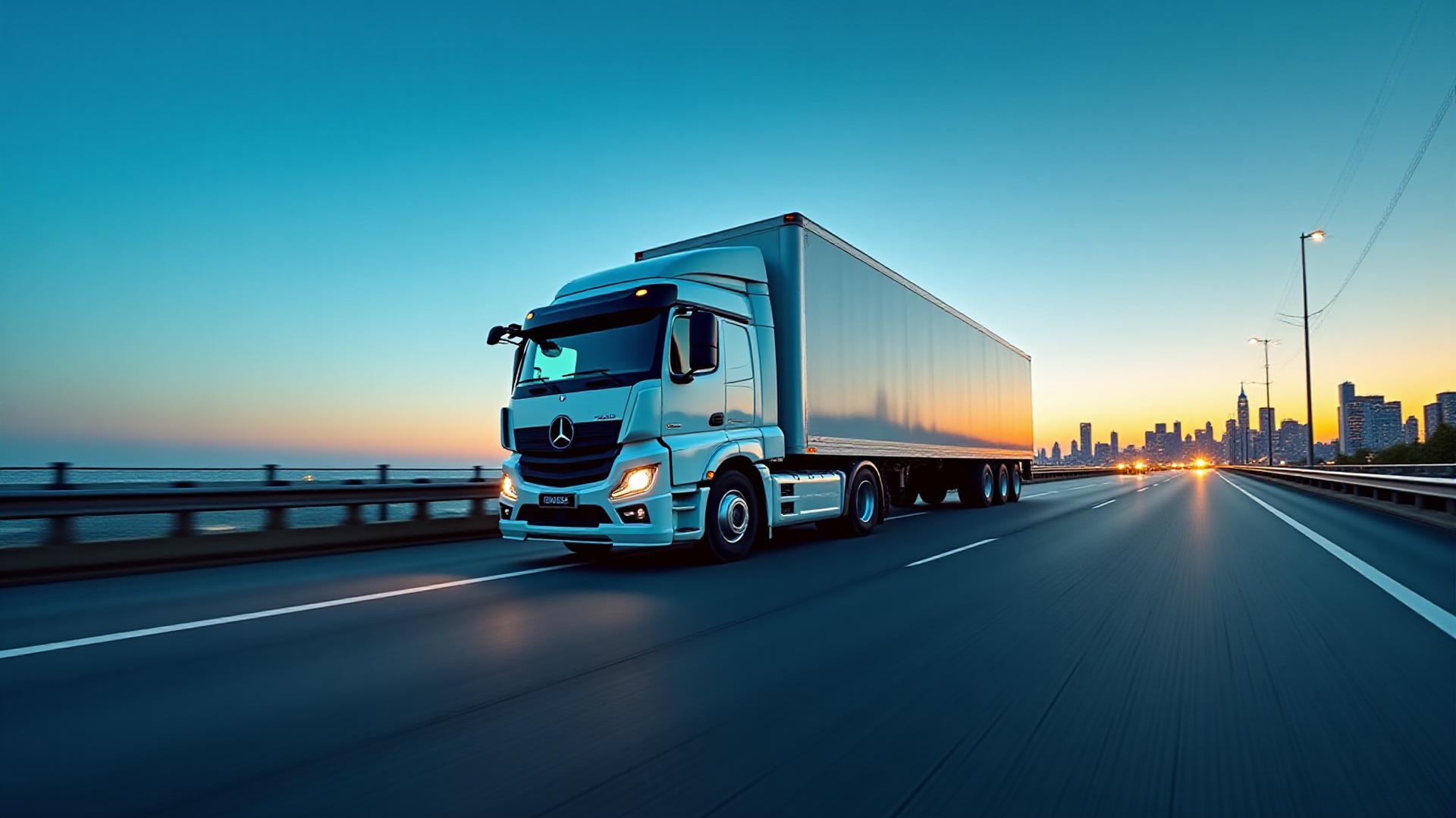 Joshua and Sons logistics fleet moving across a modern trade hub at twilight